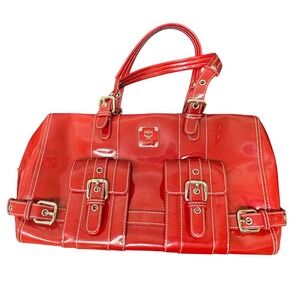 MCM Satchel Top Handle Bag Red Patent Leather Buckle Detail EUC
